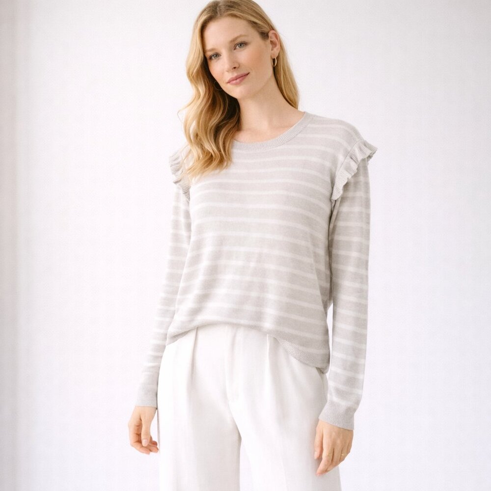 J.Crew Gray & White Striped Cotton Sweater Ruffle Shoulder Crewneck Size L